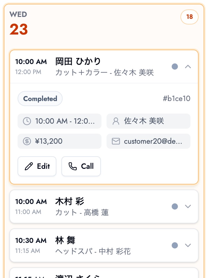 Today's schedule in BOOKIN, showing each client, service and stylist at a glance